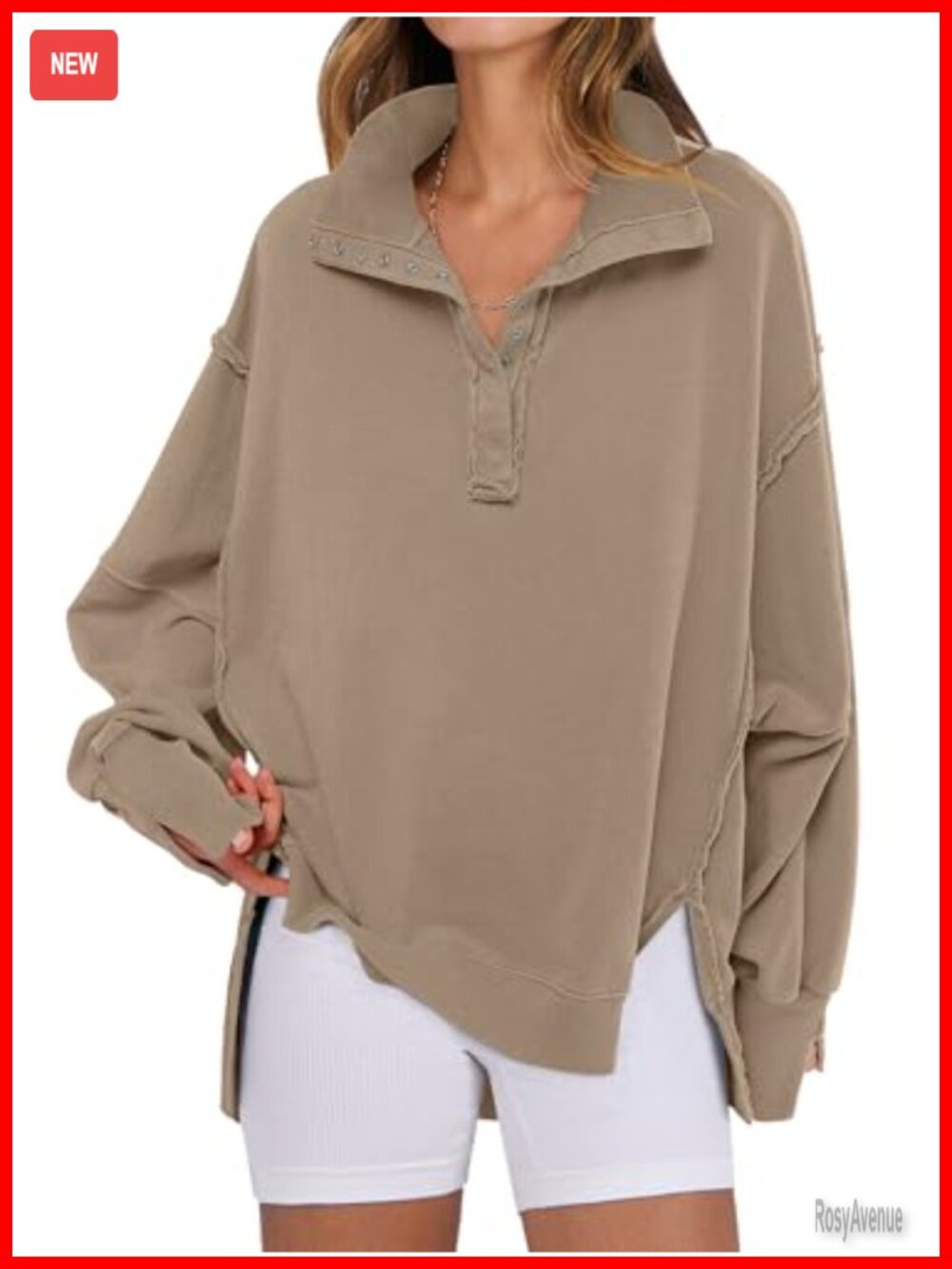 Oversized Henley Sweatshirt Women Casual Pullover Top Soft Polyester